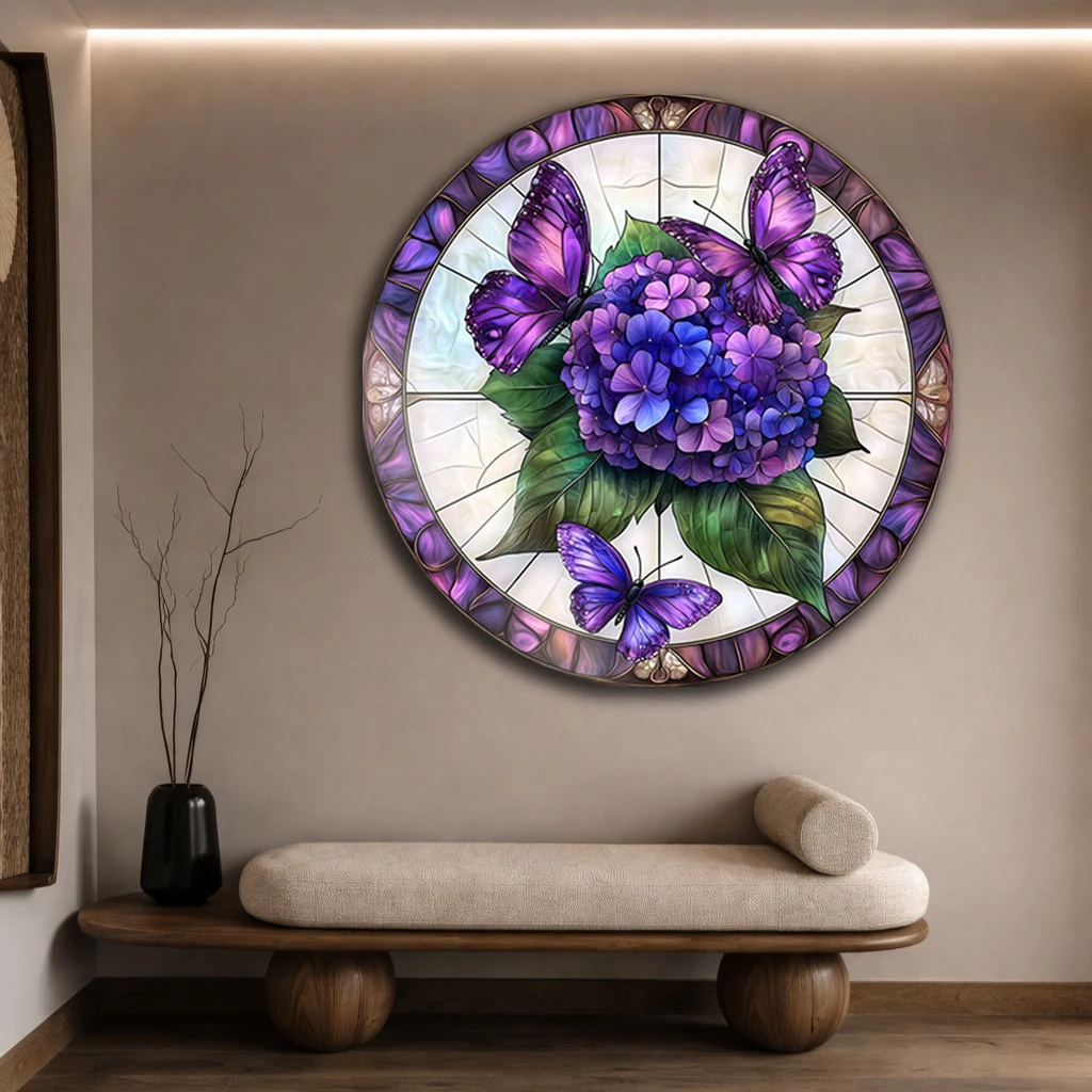 Yuvarlak Vitray Mor Kelebek ve Ortanca Cam Tablo