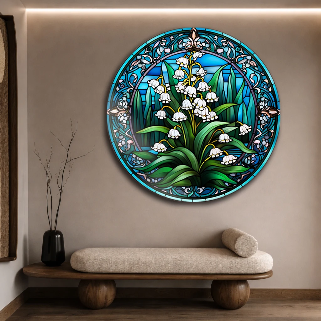 Yuvarlak Vitray Müge Çiçeği Cam Tablo | Modern Duvar Dekoru