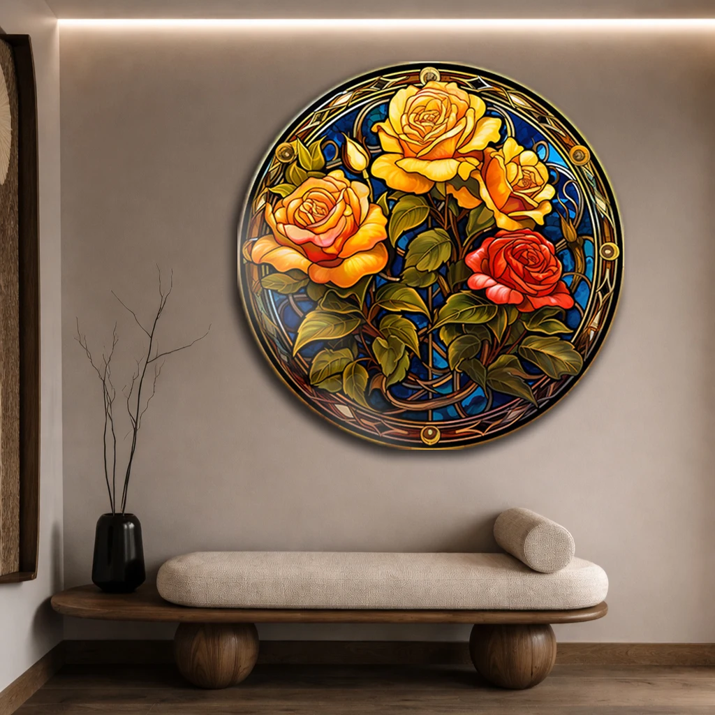Yuvarlak Vitray Sarı Gül Desenli Cam Tablo | MeteorGaleri