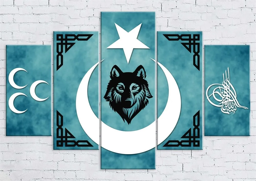Bozkurt Ay Yıldız 3 Hilal Tuğra 5 Parçalı Ülkücü Kanvas Tablo