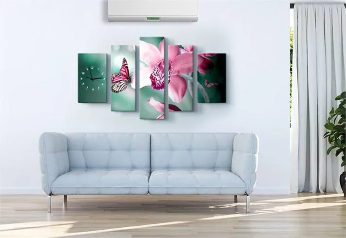 Pembe çiçekli kelebekli saatli 5 parça kanvas tablo