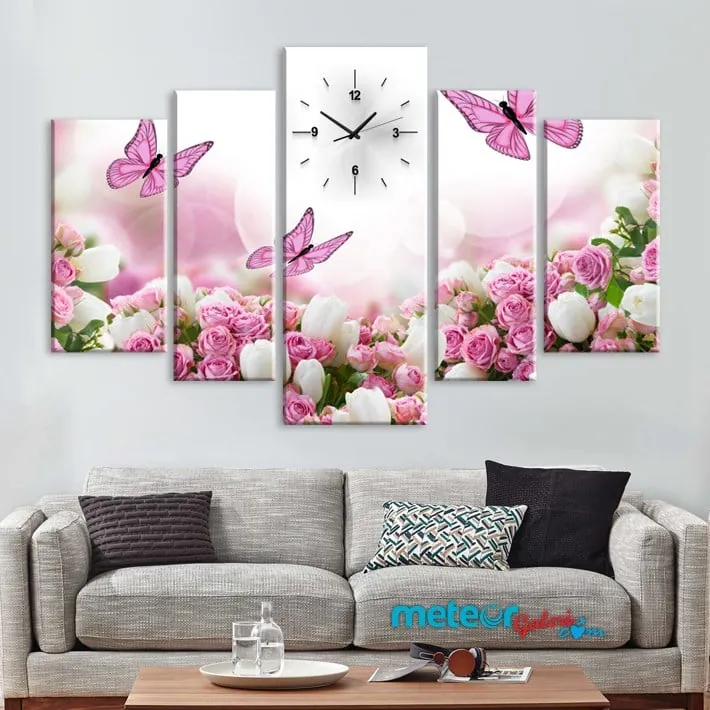 Açık Pembe Çiçekli ve Kelebekli Saatli Kanvas Tablo