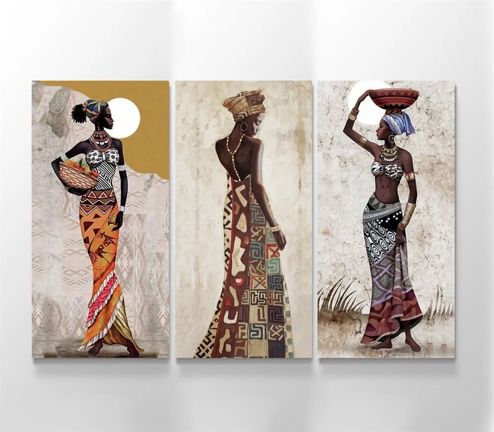 Afrikalı Kadın 3 Parçalı Kanvas Tablosu