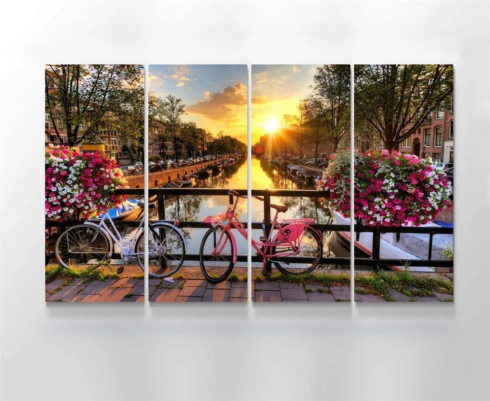 Bisiklet ve Çiçekli Manzara Amsterdam Resimli Kanvas Tablo 4 Parçalı