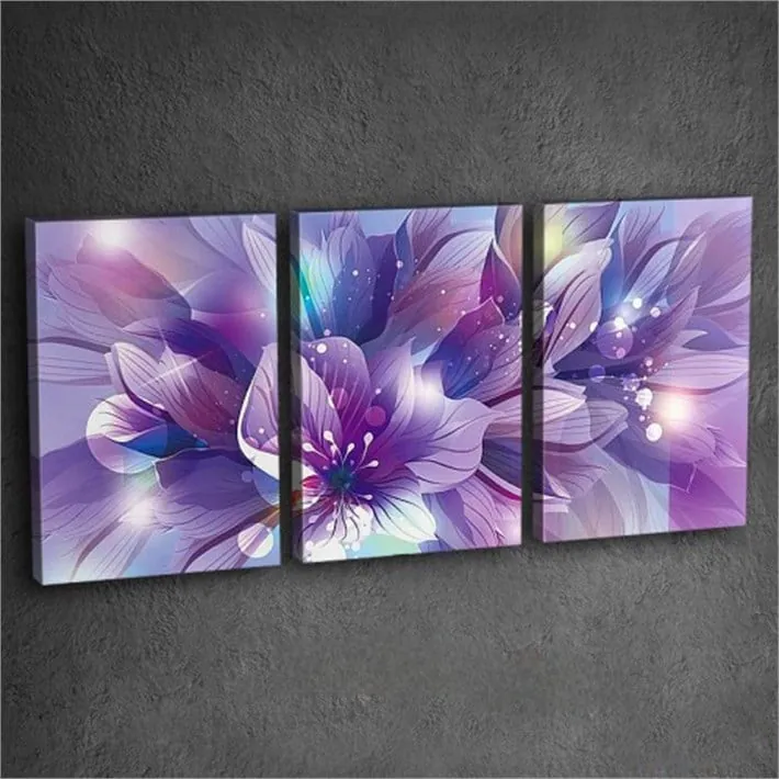 Mor Lila Renkli Çiçek Resimli 3 Parçalı Kanvas Tablo
