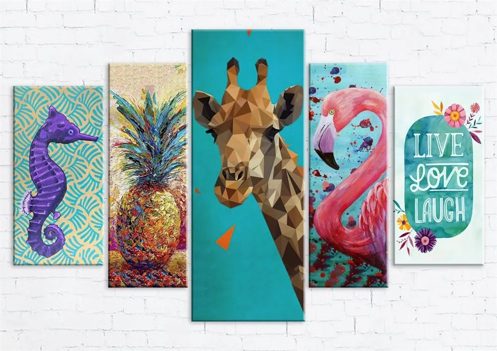 Deniz Atı Ananas Zürafa Flamingo Resimli ve Live Love Yazılı Kanvas Tablo