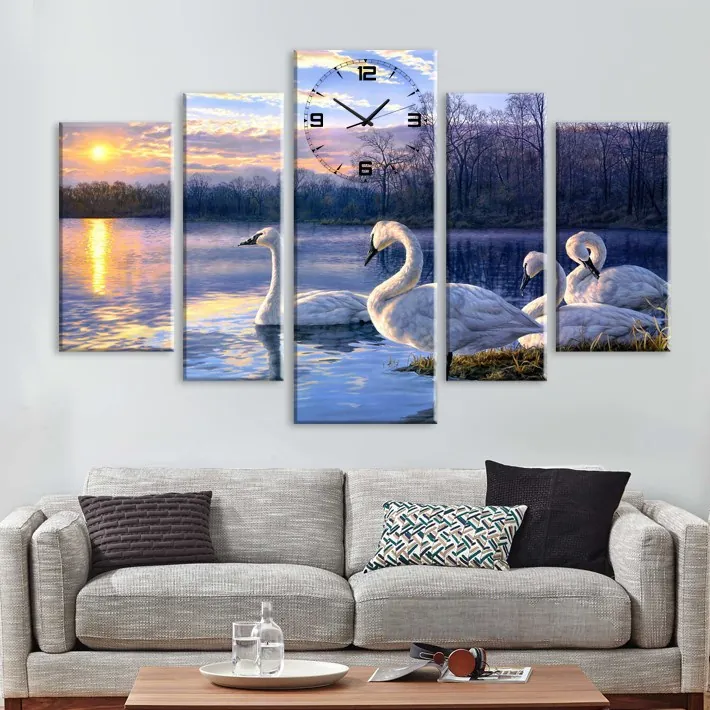 Gün Batımı Kuğular 5 Parça Kanvas Tablo
