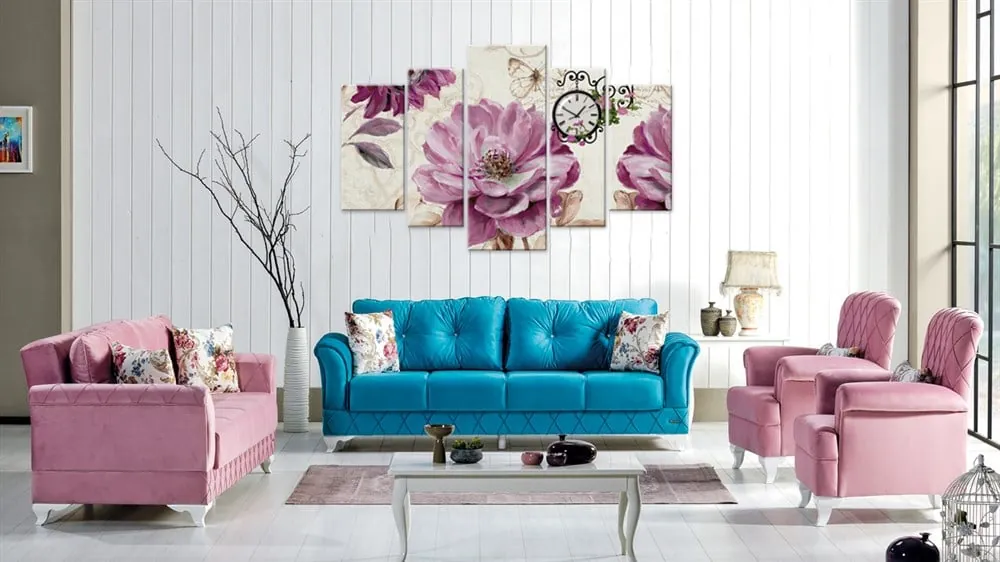 Pembe Renkli Çiçekli 5 Parça Saatli Dekoratif Kanvas Tablo