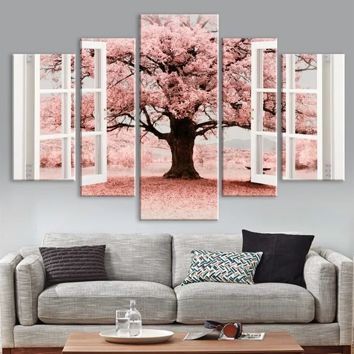 Pencereden Romantik Pembe Ağaç 5 Parça Kanvas Tablo