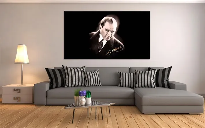 Siyah Beyaz Atatürk İmzalı Kanvas Tablosu